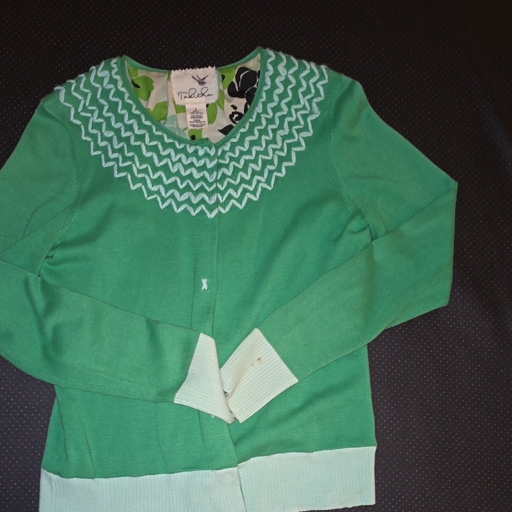Anthropologie Green Sweater with Zigzag Detail